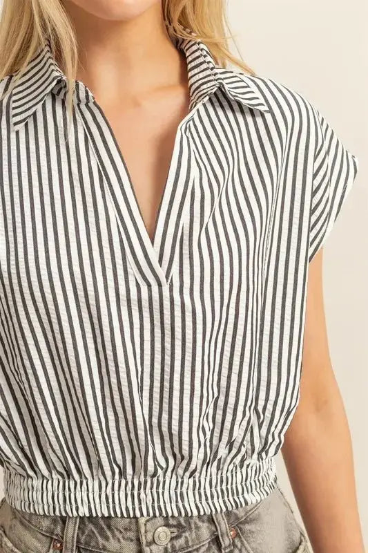 HYFVE Striped Elastic Hem Johnny Collar Cap Sleeve Blouse - Love Salve